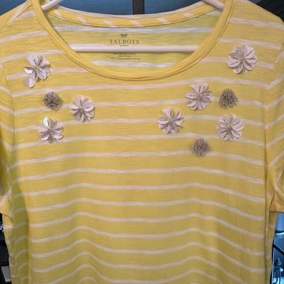 Talbots Yellow and White Striped Tee with Beaded Floral Accents Size 1 X - Picture 2 of 4